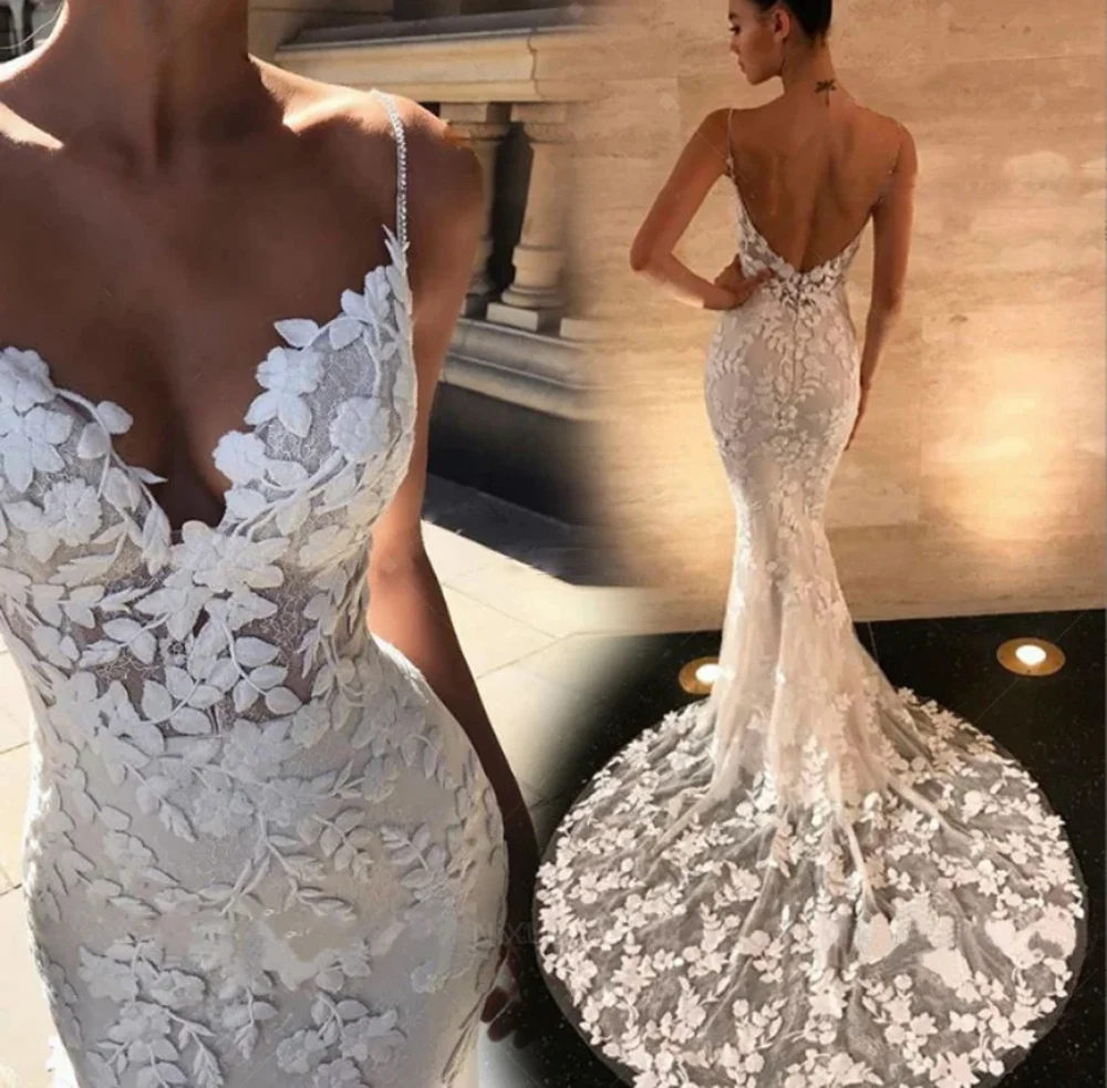 

Elegant Lace Appliqued Mermaid Wedding Dresses Spaghetti Straps Sexy Open Back V Neck Bridal Gown Vintage Robe De Mairee Vestido