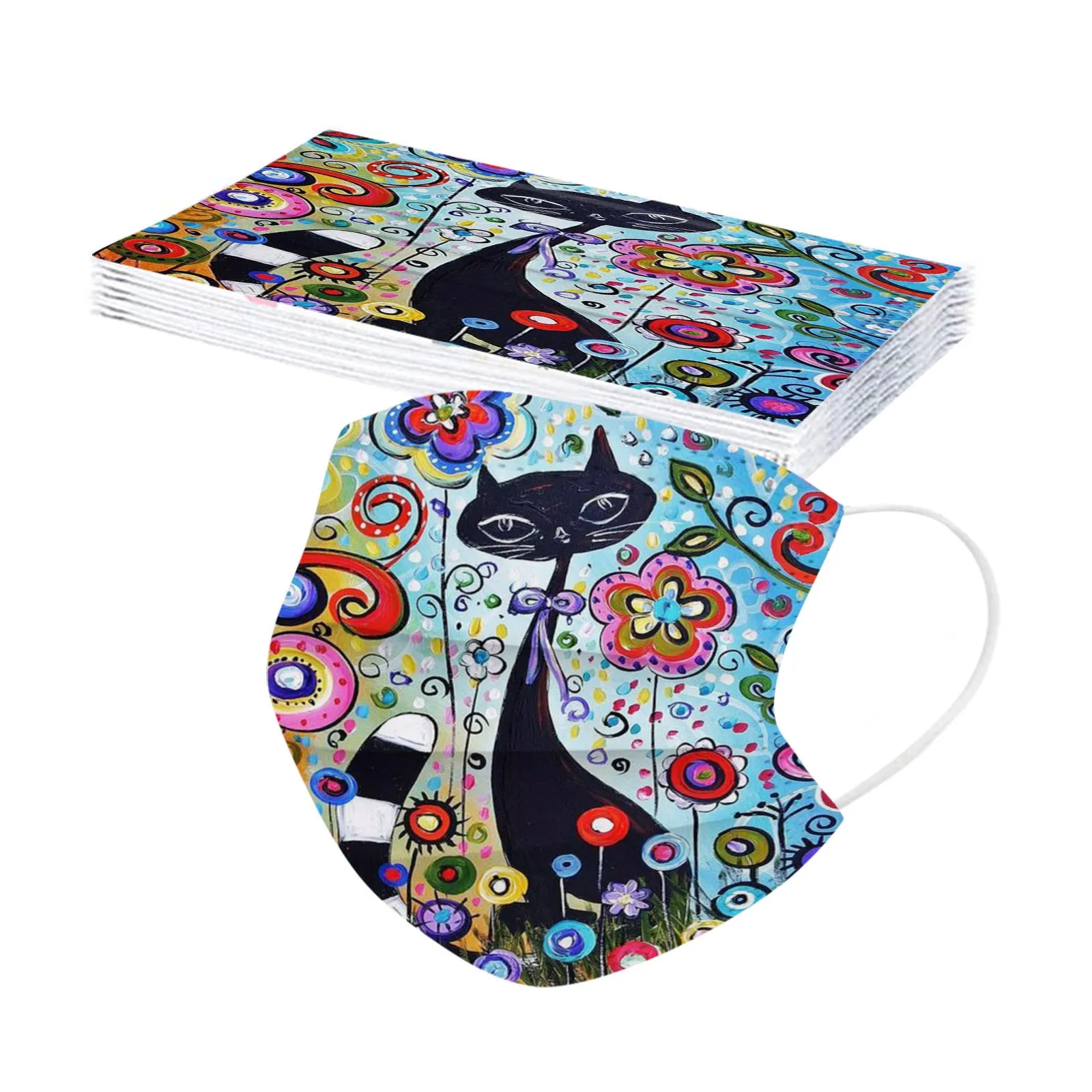 Disposable Face Mask 10PC Adult Flowers Cat Cartoons Printing Three-Layer Protective