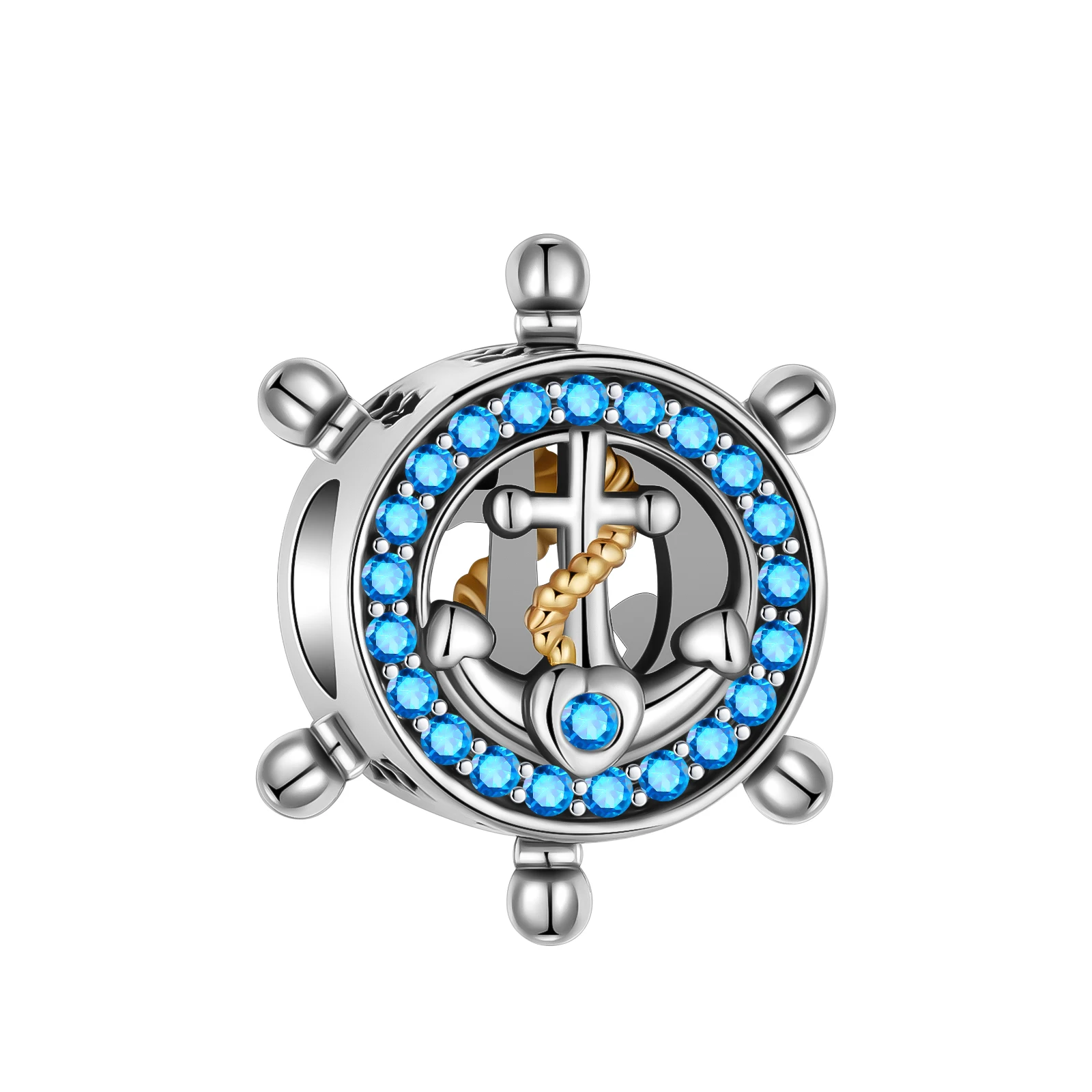 

925 Sterling Silver Rudder Round Hollow Diamond Blue Beads Charm Fit Original Pandora Charms Bracelets Women DIY Jewelry Gift
