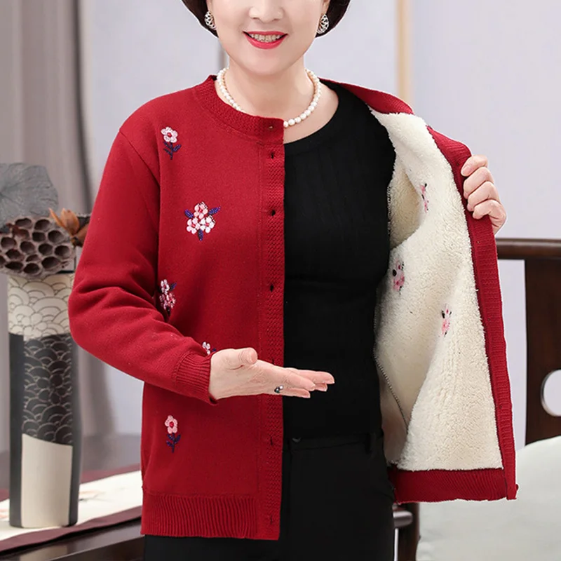 XL-4XL 플러스 벨벳 여성 자수 니트 가디건 재킷, 슬림 스웨터 코트, 얇은 할머니 겨울 의류, 고품질