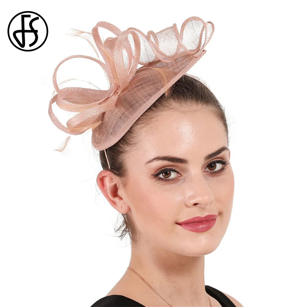 FS 2023 Fascinator British Top Hats For Women Sinamay Church Formal Occasion Cap Ladies Luxury Skin Pink Headdress Female 2