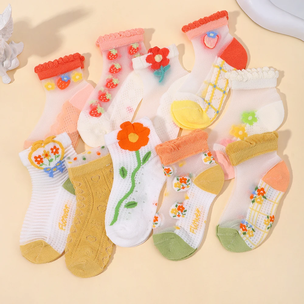 5 Pairs of Cartoon Children Socks Lovely Flower Kids Socking for 1~3Years Baby Thin Mesh Breathable Elastic Cotton Short Sock