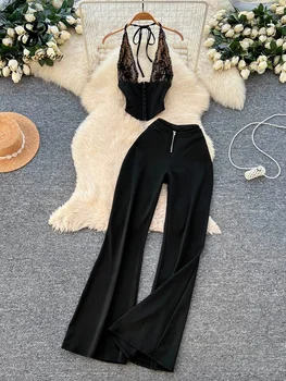 SINGREINY Office Lady Sexy Set French Style Splice Halter Tank Top+High Waist Flare Pants Feminine Lace Chic Glamorous 2pcs Sets 1