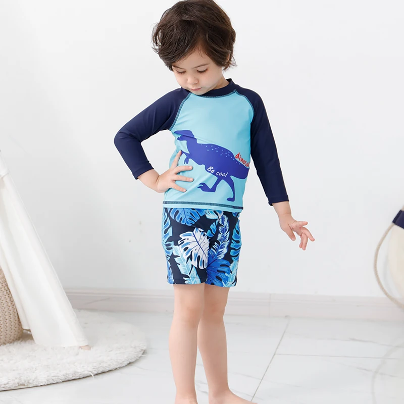 2-16 Y Children's One Piece Swimsuit Blue Dinosaur Set with Swimwear Cap Boys Summer Beachwear
