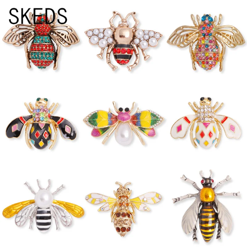 SKEDS Fashion Pearl Crystal Bee Women Brooch Pin Drip Glaze