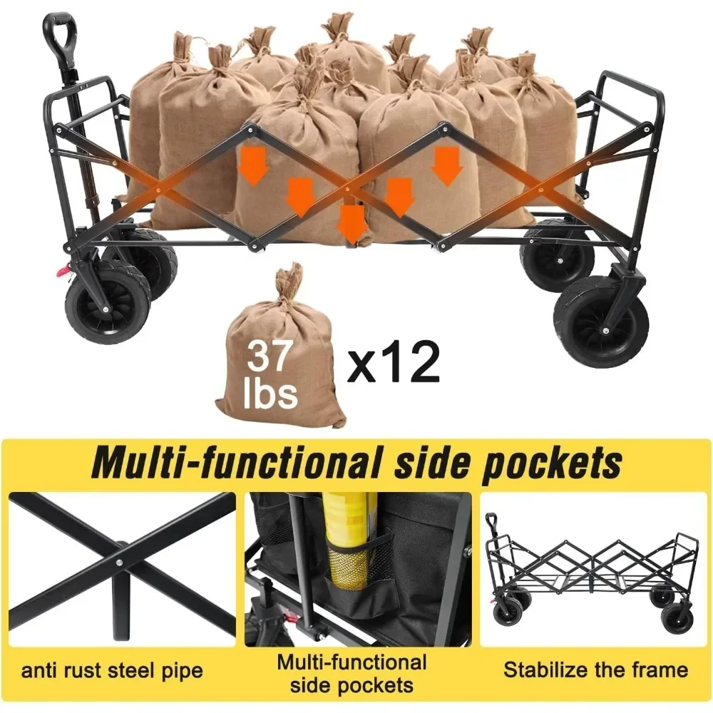 Heavy Duty Folding Utility Garden Cart With Big All-Terrain Beach Wheels & Huge Side Pockets (Huge) Push Cart Dolly Trolley Hand