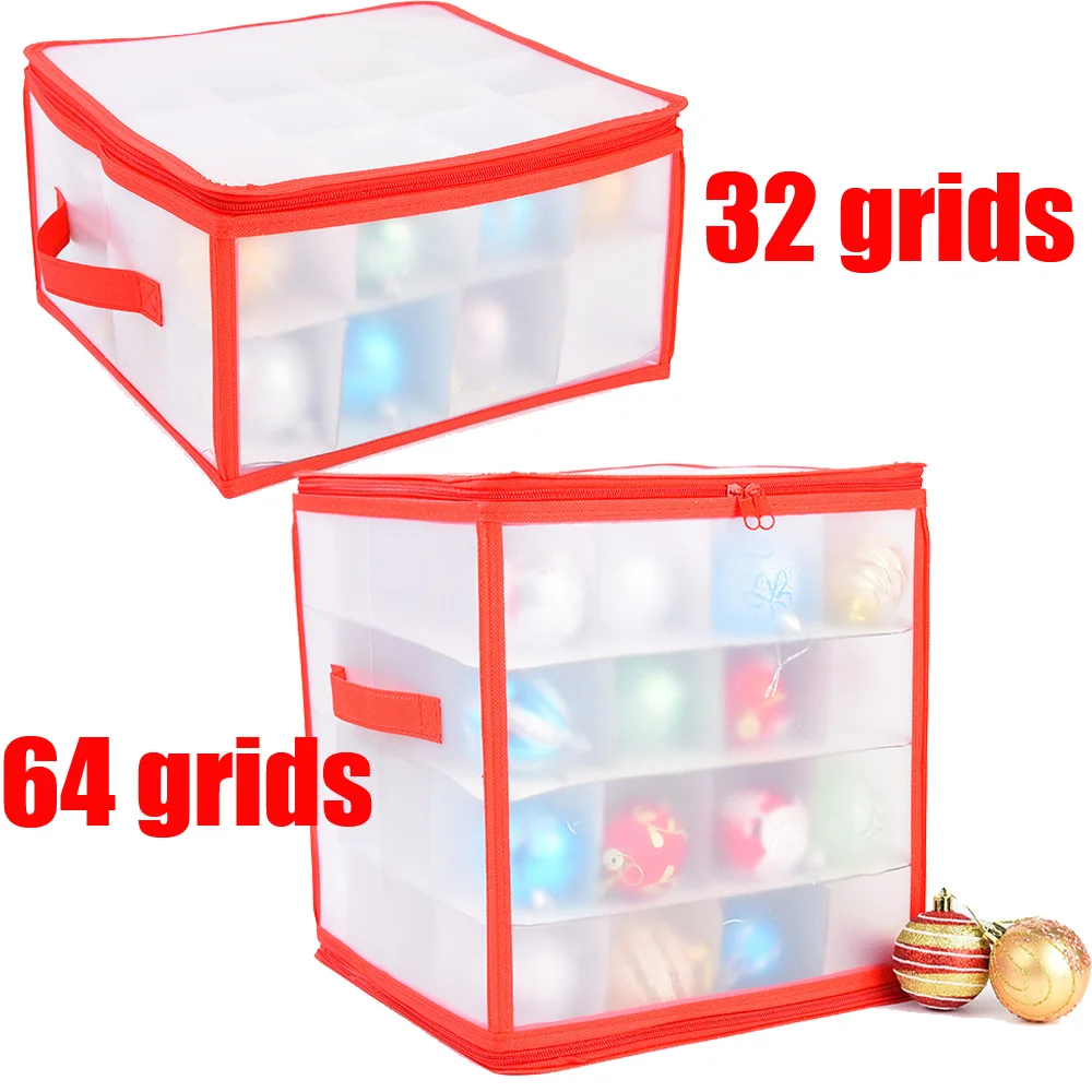 64 32 Compartment PP Christmas Ornament Storage Box with Zipper Tote Box Store Up 3-inch Christmas Ornaments Xmas Ball Storage christmas storage box holiday decoration box
