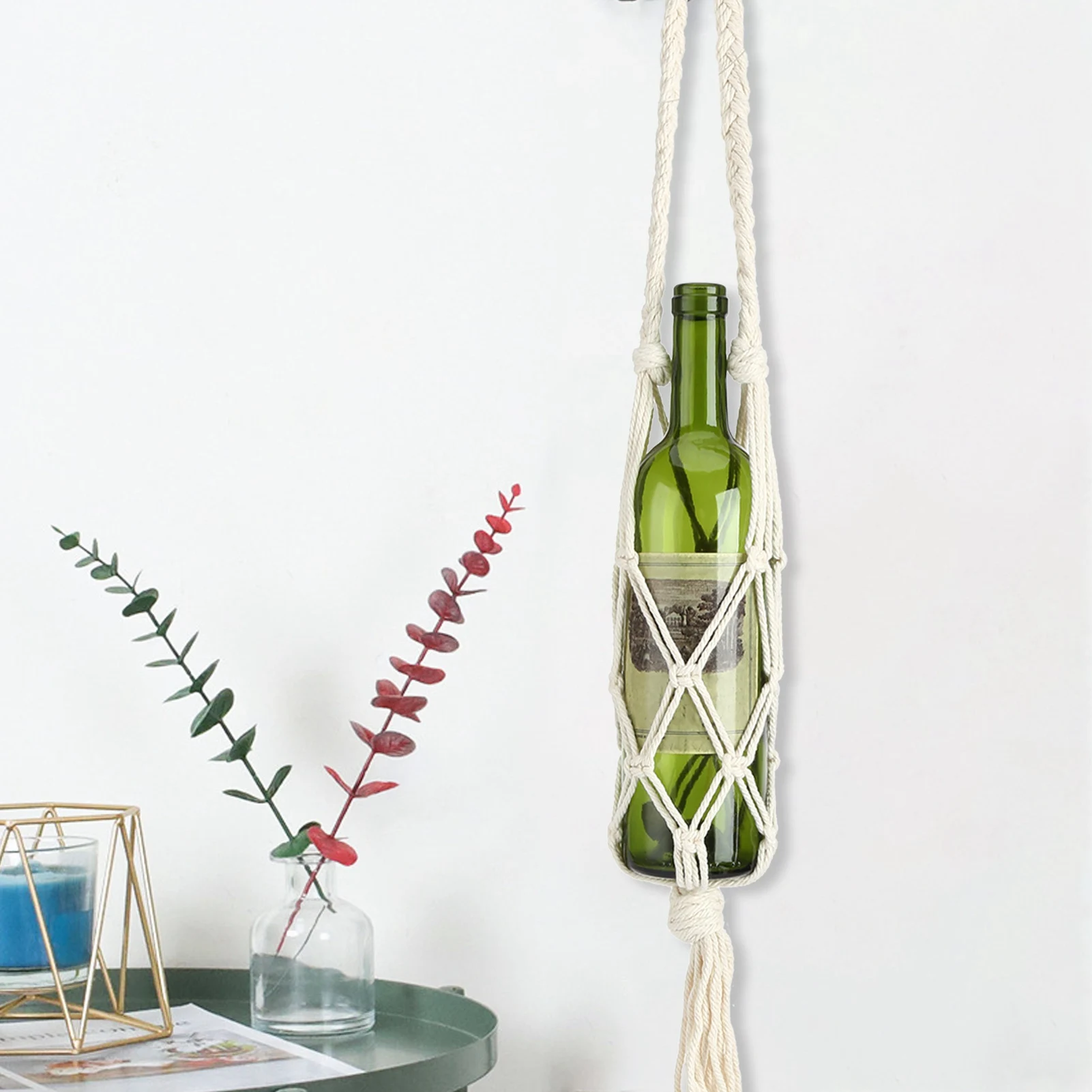 

Bottle Tote Bag Wine Bottle Hanging Bag Wine Bottle Holder Bohemian Hand Knitting Cotton Rope Bottles Storage Hanging Bag