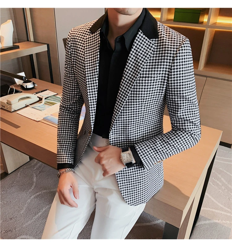 High Quality Suit Men's British Style Slim Elegant Fashion Business Casual Dress Tuxedo Spliced Collar Plover Case Blazer Jacket