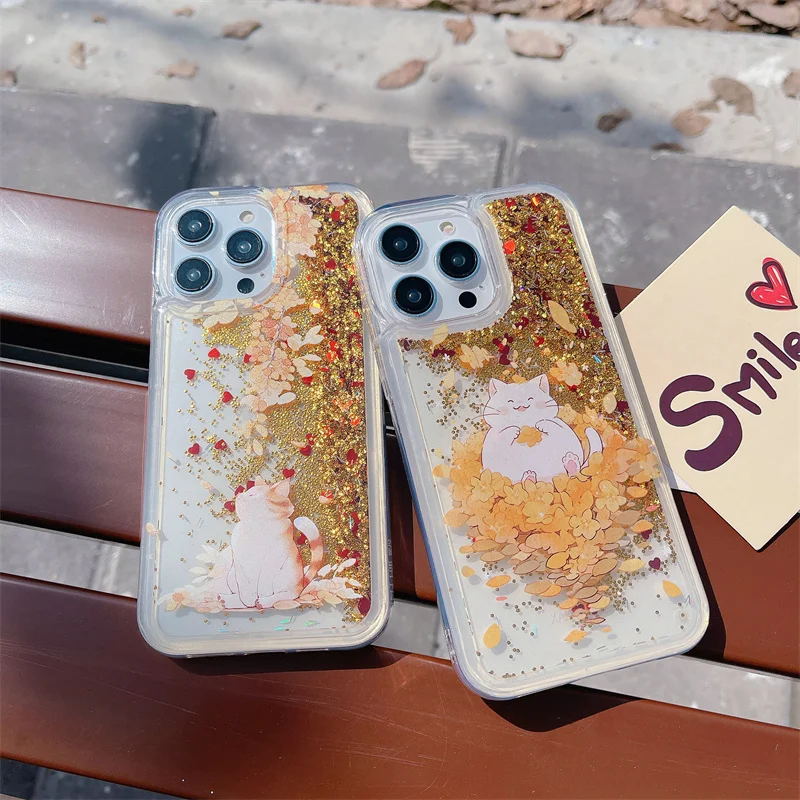 Custodia Brillante Dynamic Quicksand Per Iphone 15 14 Pro Max 13 Soft Clear Funda Cartoon Cute Cat Cover Shine Gold Sand Phone Capas