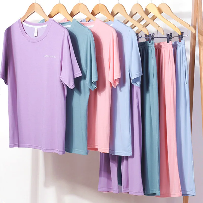 

Fdfklak Korean Modal Spring Summer Short-Sleeved Cropped Pants Set Pajamas Women Loose Solid Color Homewear Sleepwear Suit