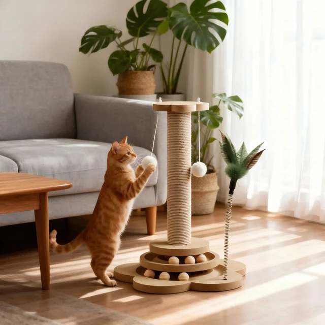 1 Set Durable Solid Wood Cat Scratching Post with Toys, Sisal Board & Interactive Turntable, Prevents Furniture Damage 4