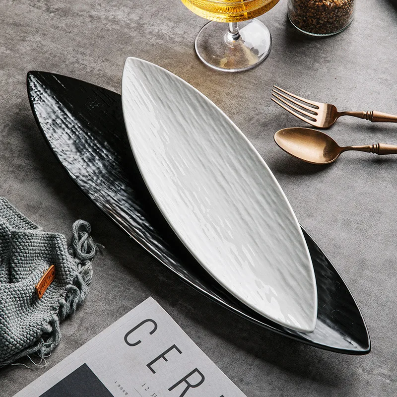 Long Japanese Leaf Plate Sashimi Snack Sushi Plate Commercial Ceramic Long Platter Restaurant and Hotel Cooking Cutlery
