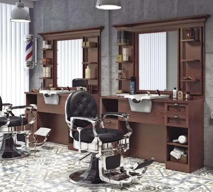 Barber shop Jingtai hairdressing shop retro oil head shop hair cutting oak mirror ceramic basin with lamp hair salon continental oil retro chair barber chair salon chair