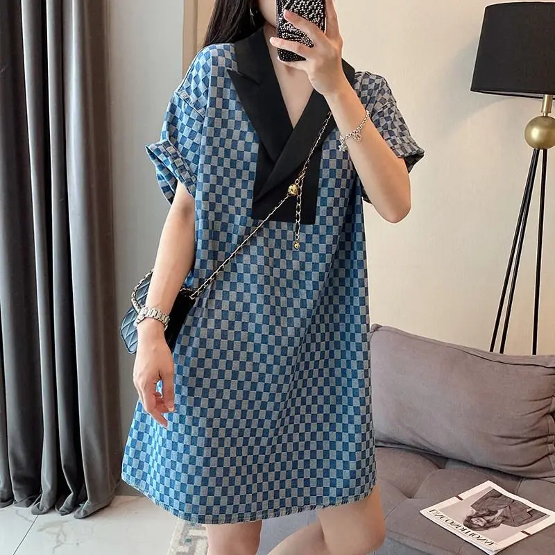 

Korean Tailored Collar Midi Dress Female Clothing Plaid Printed Fashion Patchwork Summer New Short Sleeve Loose A-Line Dresses