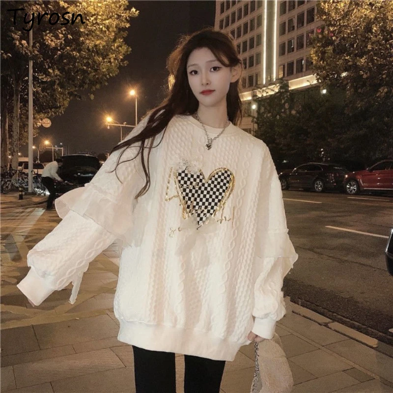 

White Sweatshirts Women Vintage Patchwork Autumn Long Sleeve Trendy Ruffles Korean Style Female Loose All-match Newly Designed
