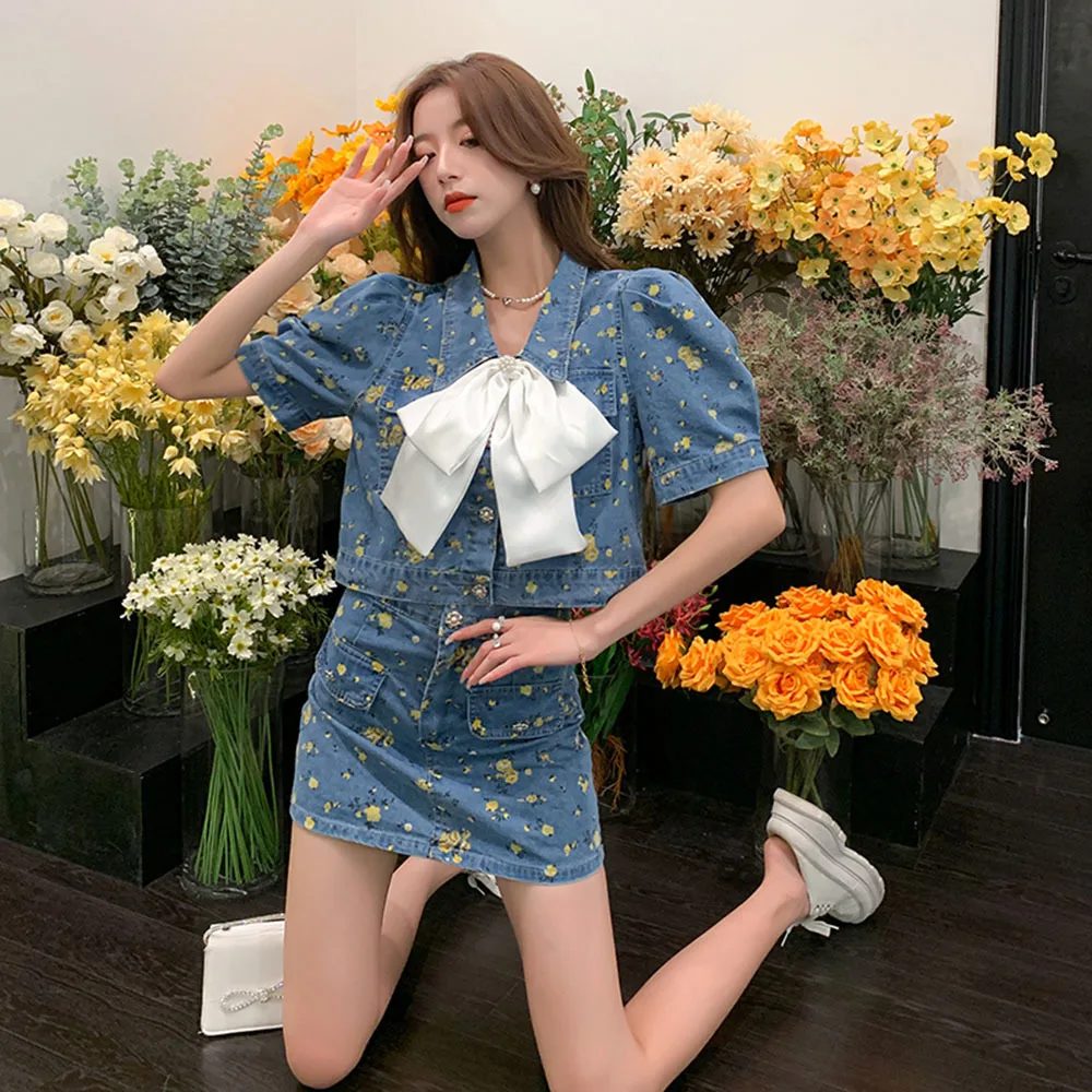 Summer Sweet Floral Denim Skirts Suits Women Lapel Puff Sleeve