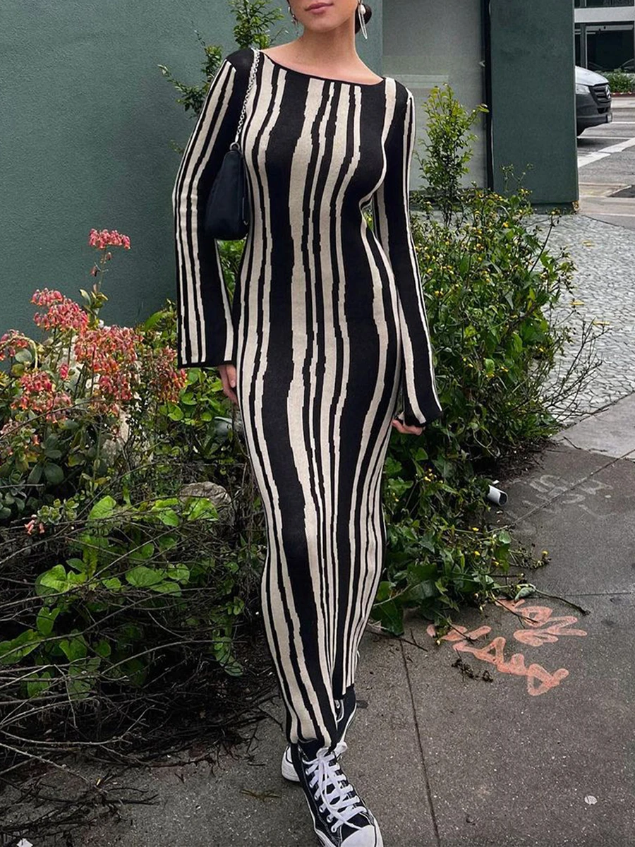 

Knitted Stripe Wave Maxi Long Dress Women 2023 New Fashion Elegant Bodycon Dress Ladies Sexy Slim Flare Sleeve Dress Party Dress