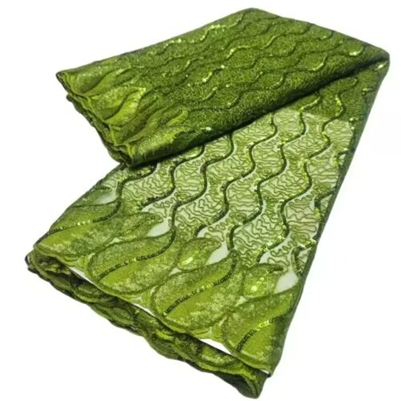 

Green Sequins African Lace Fabric 2023 High Quality Nigerian French Tulle Lace Fabric Sequined Mesh For Wedding Sew