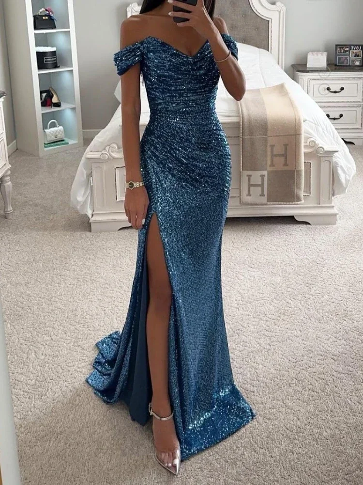 Sexy High Split Cocktail Vestidos Luxury Sequin Design Robe 2024 New Fashion Popular Slash Neck Slim Mermaid Evening Dresses