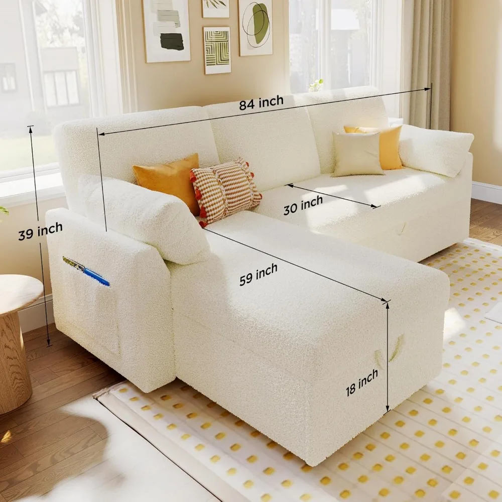 Sleeper Sofa, Sofa Bed- 2 in 1 Pull Out Couch Bed with Storage Chaise for Living Room, White Sherpa Couch Children's Sofas 2