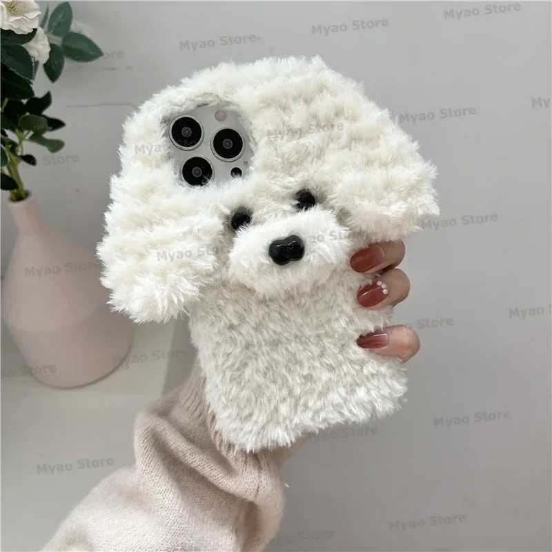3D Teddy Dog Cartoon Phone Case with Cute Rabbit Fur Cover