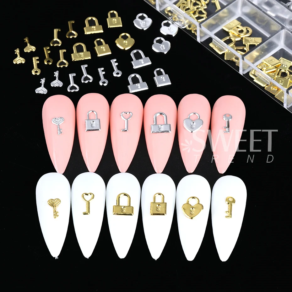 12 Grids Gold Silver Metal Lock Key Nail Decoration Parts Love Heart Charms Jewelry DIY Valentine's Manicure Accessories Flakes
