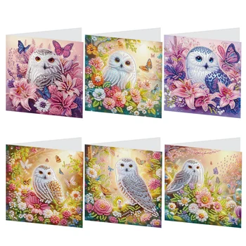 Kits de cartes de vœux pour peinture artistique diamant, cartes de vœux de festival de hibou mignon avec enveloppes, cartes d'anniversaire artisanales d'art diamant 6 pièces 1