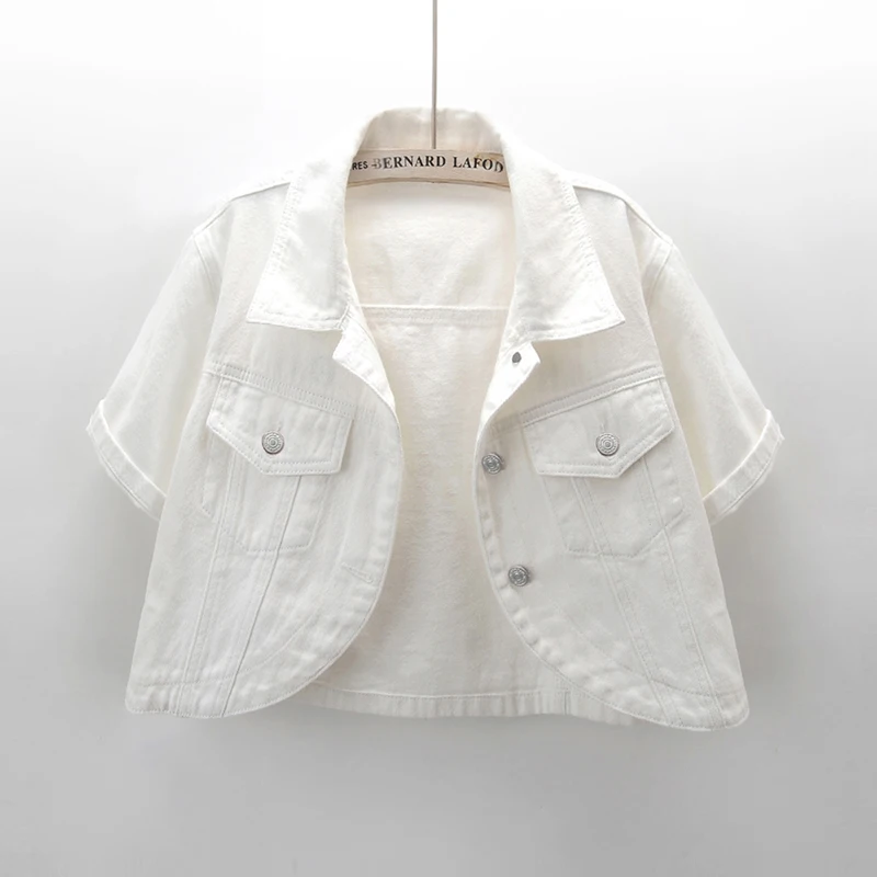 

Fashion Pink White Denim Jacket Women Slim Short Cowboy Outerwear Irregular Placket Short Sleeve Big Pocket Jeans Jacket Female