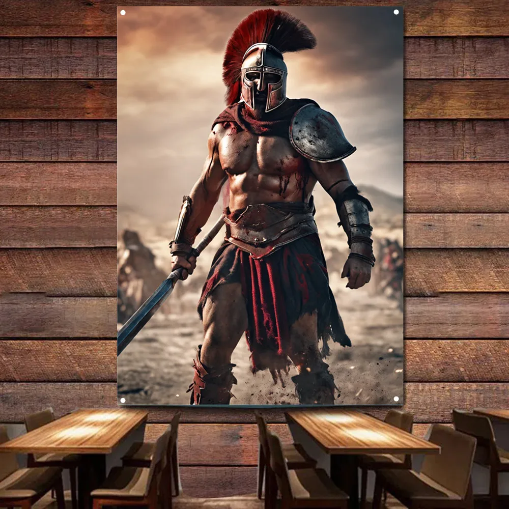 

Vintage Spartan Warriors Poster Wall Art Decor Tapestry Flag Hanging Banner Ancient Greek Armor Samurai Artwork Poster Tapestry