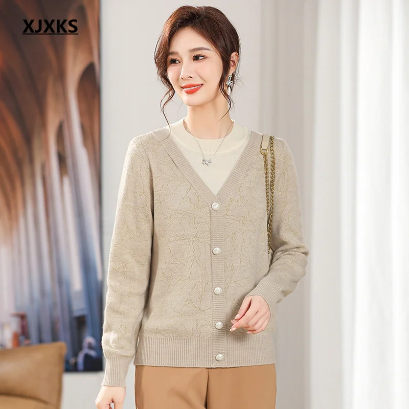 

XJXKS 2023 Fall And Winter New Womens Clothing Wool Sweater Loose Oversize Round Neck Long Sleeve Fake Two-piece Pullover