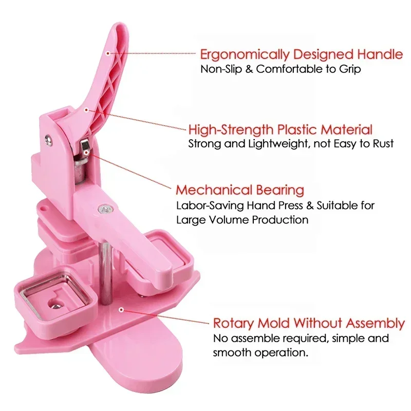 Pink Square Button Maker Machine 50MM Rotating Type Manual Press Machine For Making Refrigerator Magnets/Plastic-base Badge Pins button maker machine