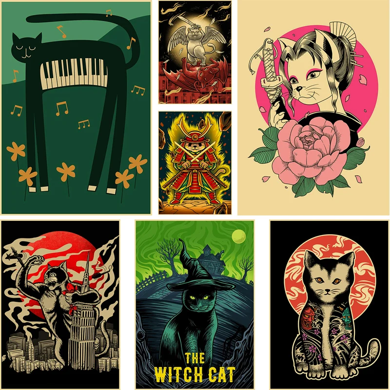 

Vintage Cute Cat Posters Retro Kraft Wallpaper Prints Art Painting Home Decoration Wall Stickers Room Decor Aesthetic