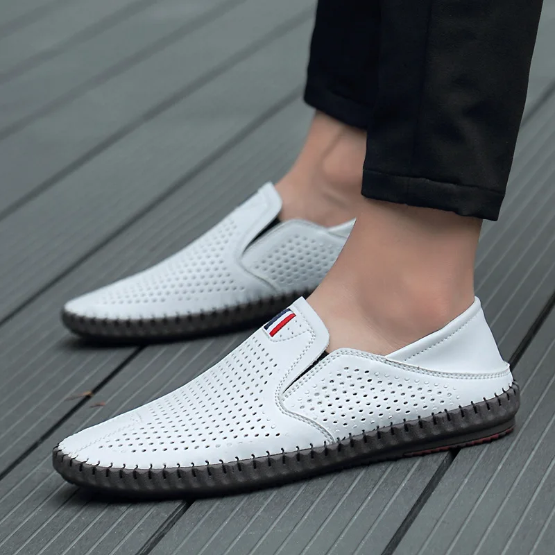 Summer Breathable Leather Men Shoes Summer Slip on Loafers Men Casual Leather Shoes Soft Flats Hot Sale Driving Shoes Moccasins