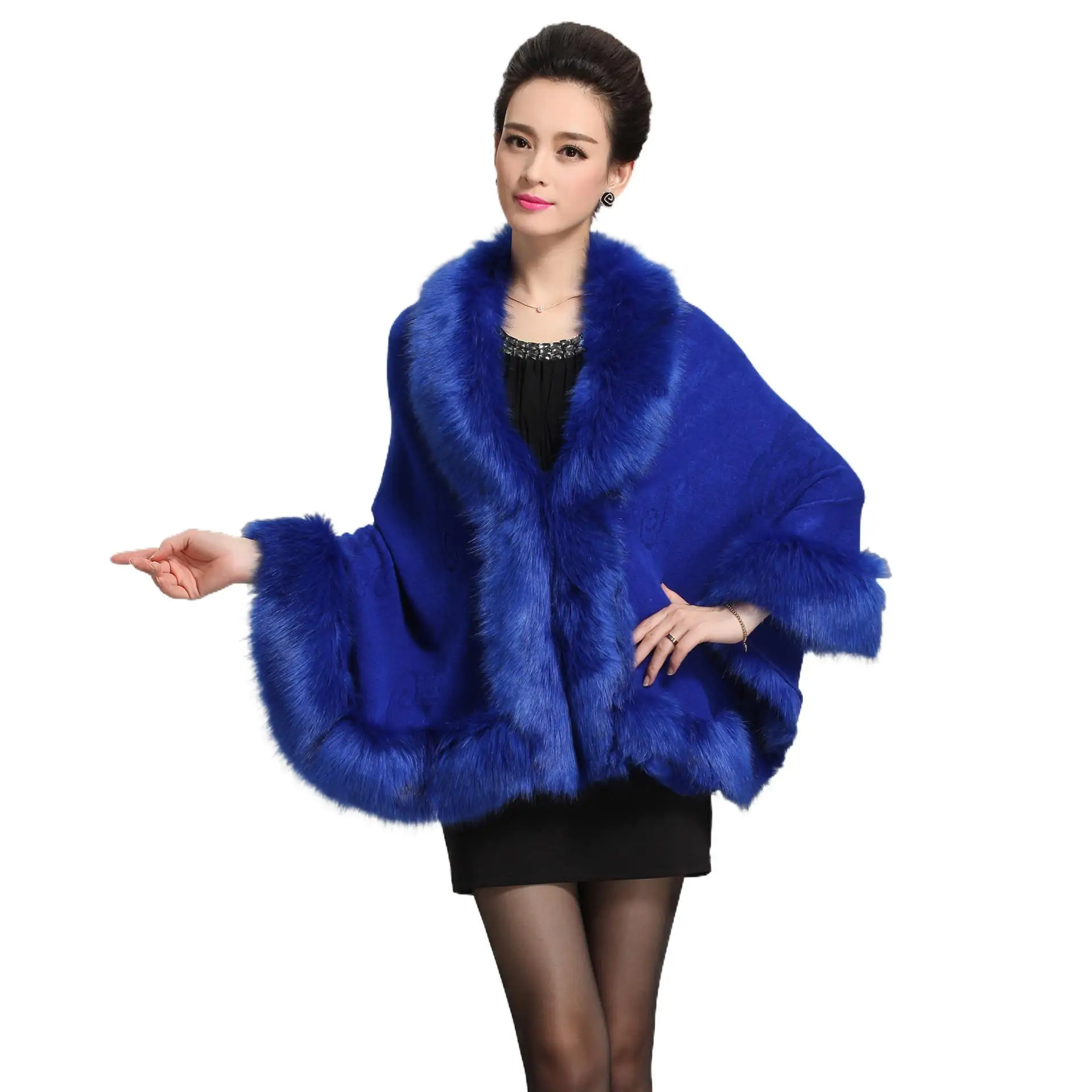 Wedding Party Dress Poncho Shawl Cape Big Faux Fox Fur Collar Embossed Cloak Open Stitch Loose Knitwear Outer Streetwear Coat