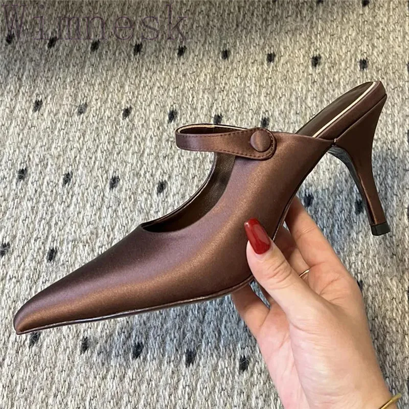 

Spring Summer New Pointed Toe Fashion Slippers Women Silk Genuine Leather Elegant High Heel Solid Color Concise Party Shoes 2024