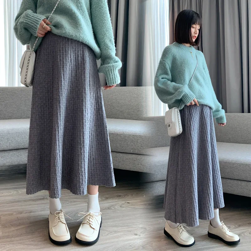 Pregnant Women Winter Fashion Style Tall Waist Abdomen Knitting Skirts High Waist Full-skirted Plaid Umbrella Skirts Black Gray