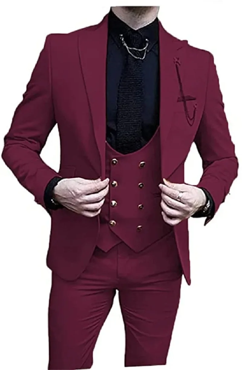 

Burgundy 3 Pieces Mens Wedding Suit Slim Fit Peak Lapel Business Double Breasted Vest Costume Formal Terno Masculino Clothing