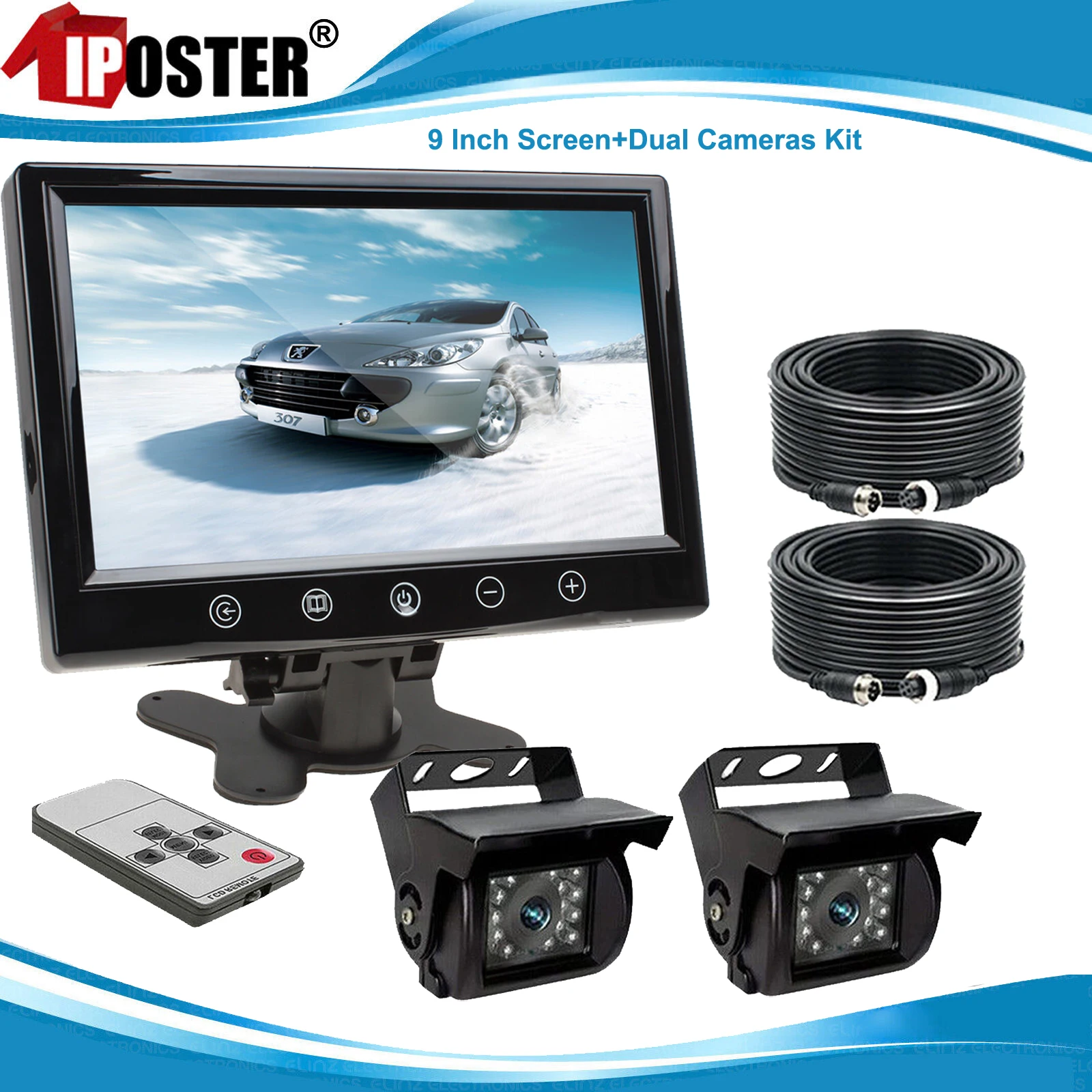 

iPoster 9" Monitor 2x 4 PIN 800TVL Rear View Reversing Cameras 2x 10m 4pin Video Cables Kit For Truck Caravan Rv