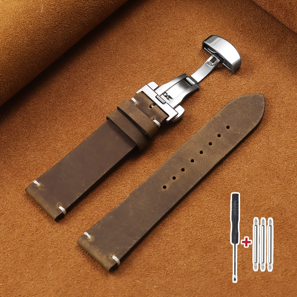Vintage Brown Cowhide Watch Band with Butterfly Buckle and Stitching Design