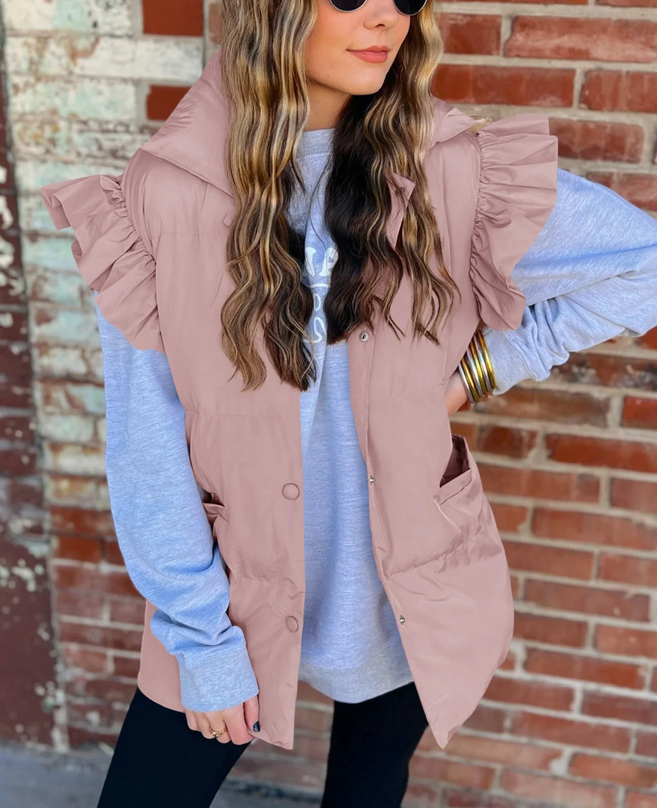 

Autumn Winter New Loose Pockets Cotton-Padded Jacket Flying Sleeves Elegant Vest Stand Collar Fashion Single-Breasted Coat