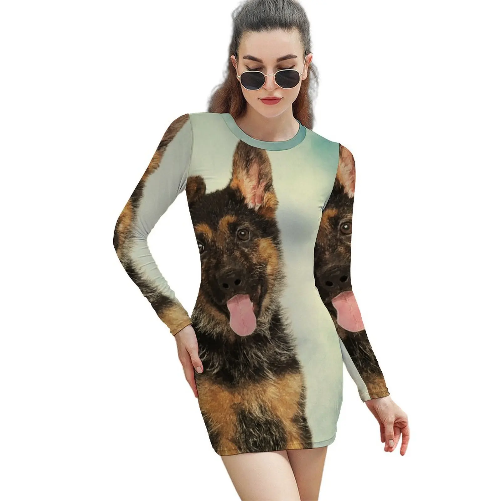

German Shepherd Puppy Portrait Long-Sleeved Sheath Dress evening dresses ladies Women's summer suit
