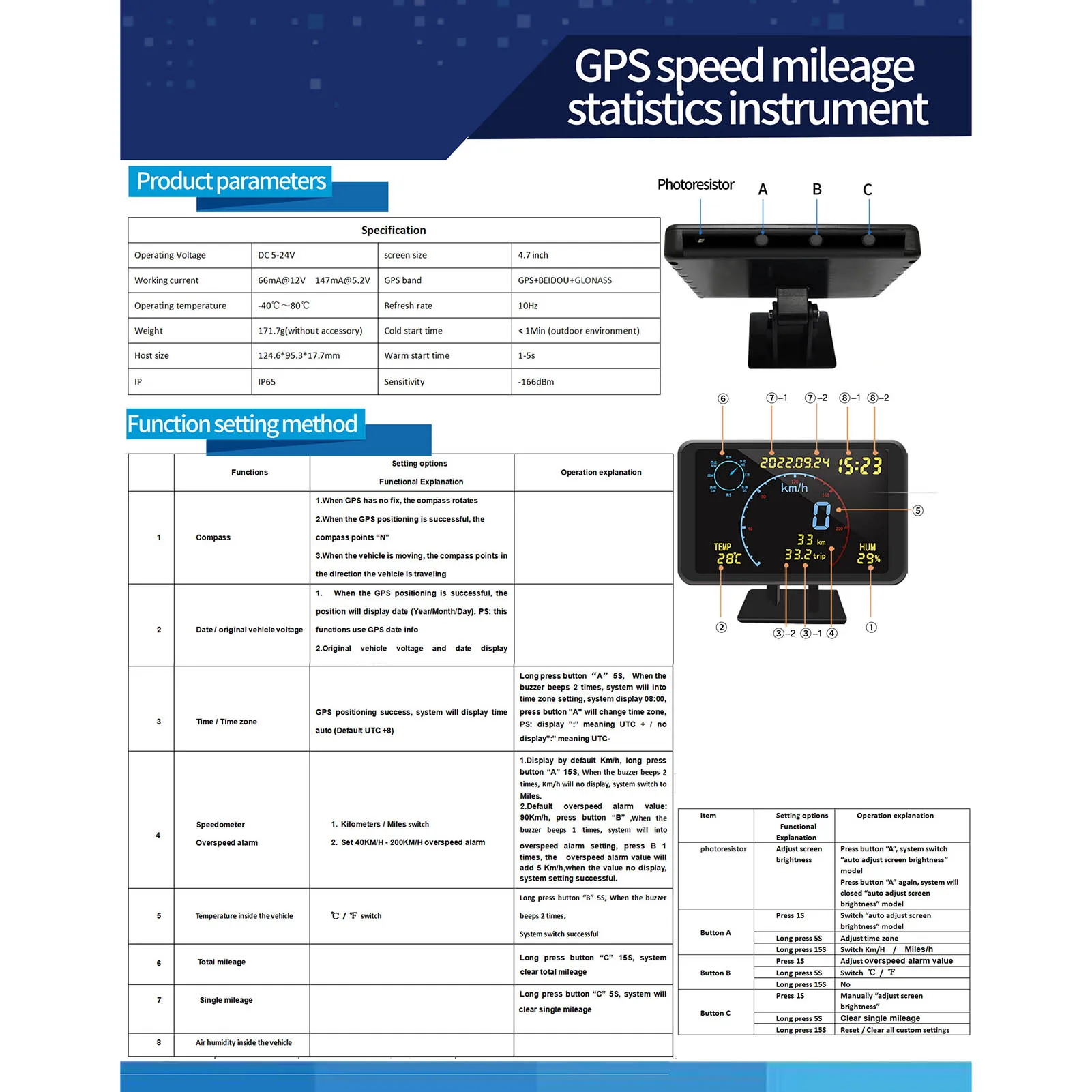 디지털 GPS 속도계 주행거리계 4.7인치 LCD 디스플레이 HUD 디스플레이 과속 경보 기능 포함 모든 5-24V 차량용 HUD 디스플레이