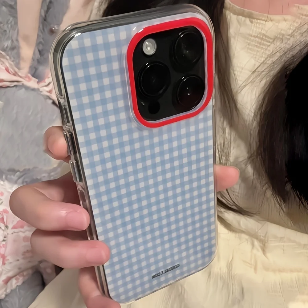 Trendy Blue Checkered Grid Pattern Soft Case - Contrasting Color Design