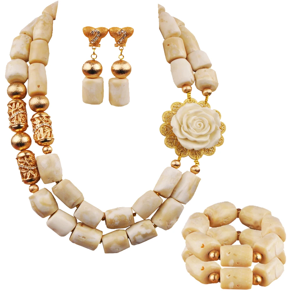 

White Flower Coral Necklace 2Bracelets Nigerian Wedding African Beads Coral Jewelry Set 23-530AC