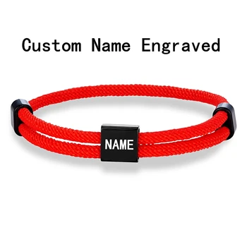 MKENDN SOS Custom logo Name Engrave Text Adjustable Rope Bracelet Customize Stainless Steel Square ID Bracelets For Women Men