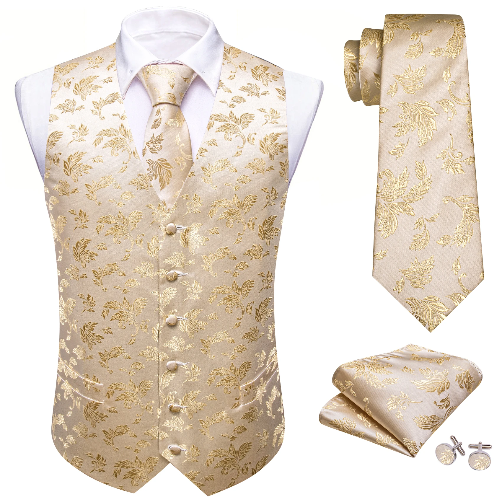 Luxury Silk Mens Vest Gold Beige Flower Embroidered Waistcoat Tie Set Wedding Business Party Suits Sleeveless Jacket