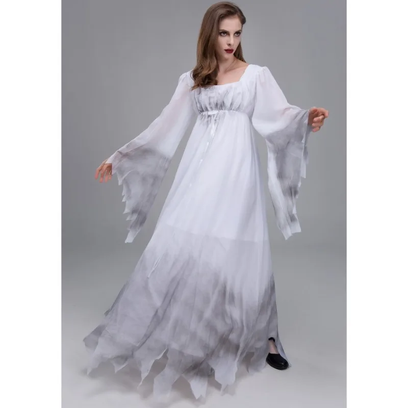 Halloween Ghost Zombie Girl Costume Scary Zombie Outsuit Vampire Bride Cosplay Dresses White Squre Collar Flare Sleeve Vestidos
