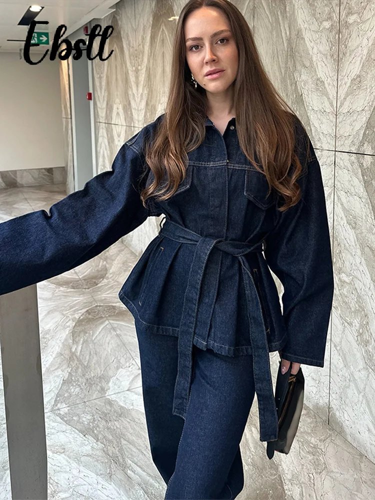 Vintage Belt Denim Jacket Jeans Set Women Solid Lapel Lace