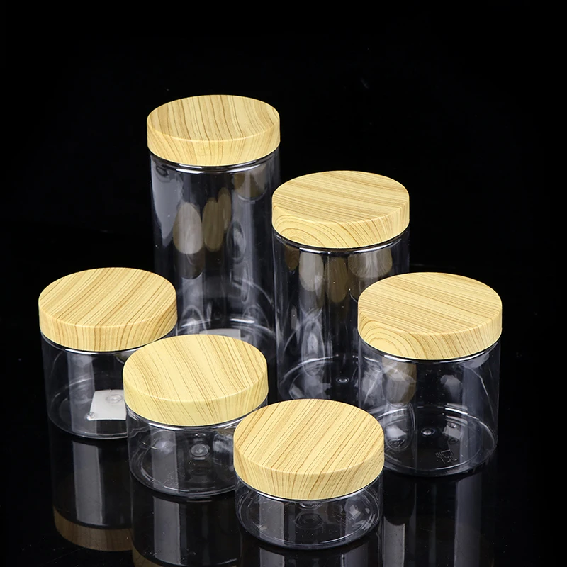 

Empty Clear Jar Container With Plastic Imitation Wood Lid Plastic Storage Bottle